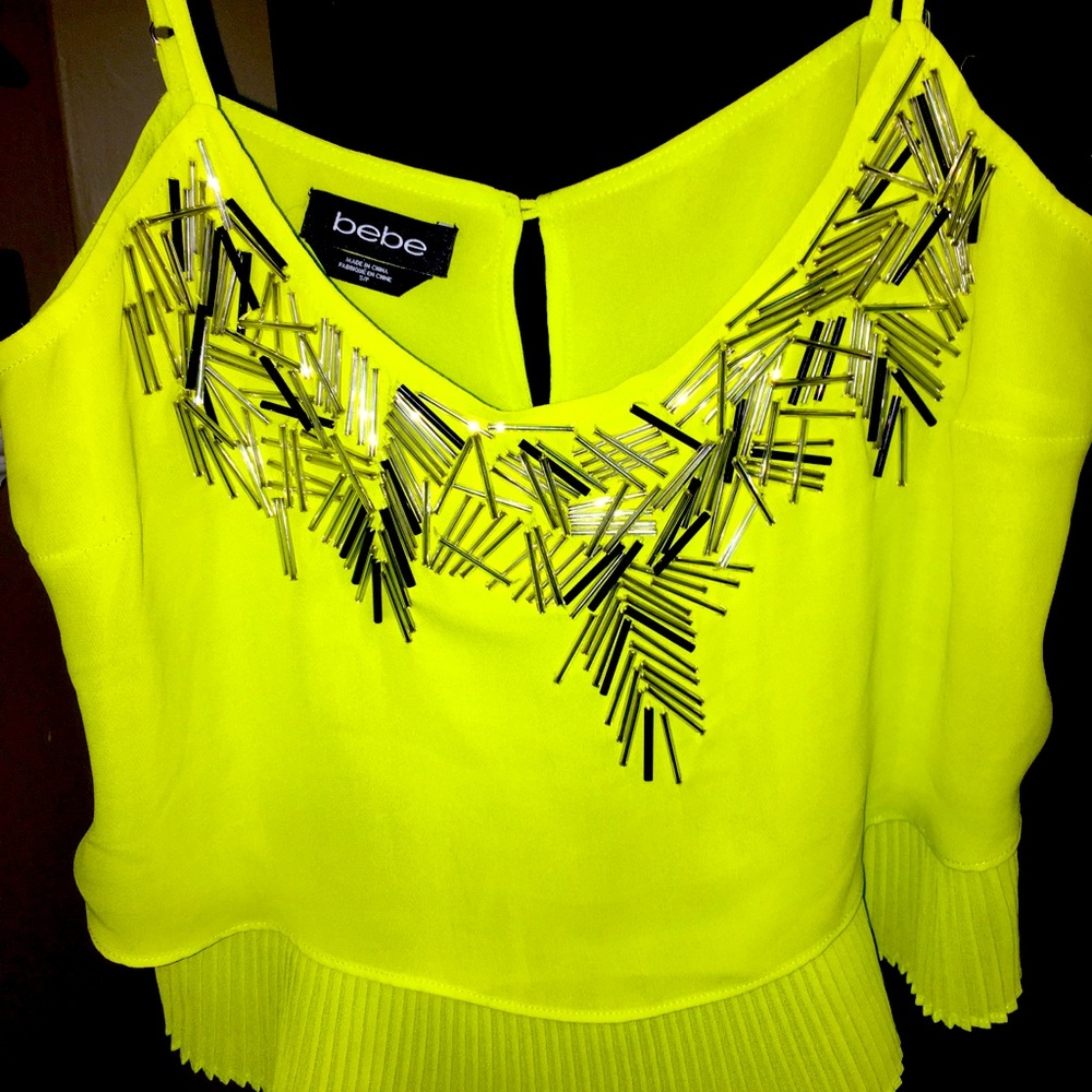 BEBE kiwi green bling ruffle cami top size Small